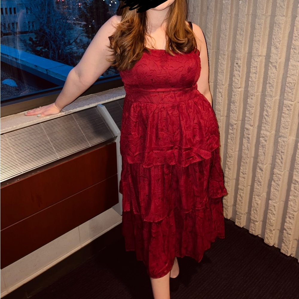 LuLus Grace and Beauty Burgundy Burnout Floral Print Tiered Dress